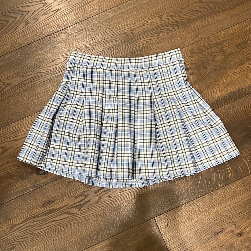 Blue and white girls plaid pleated mini skirt